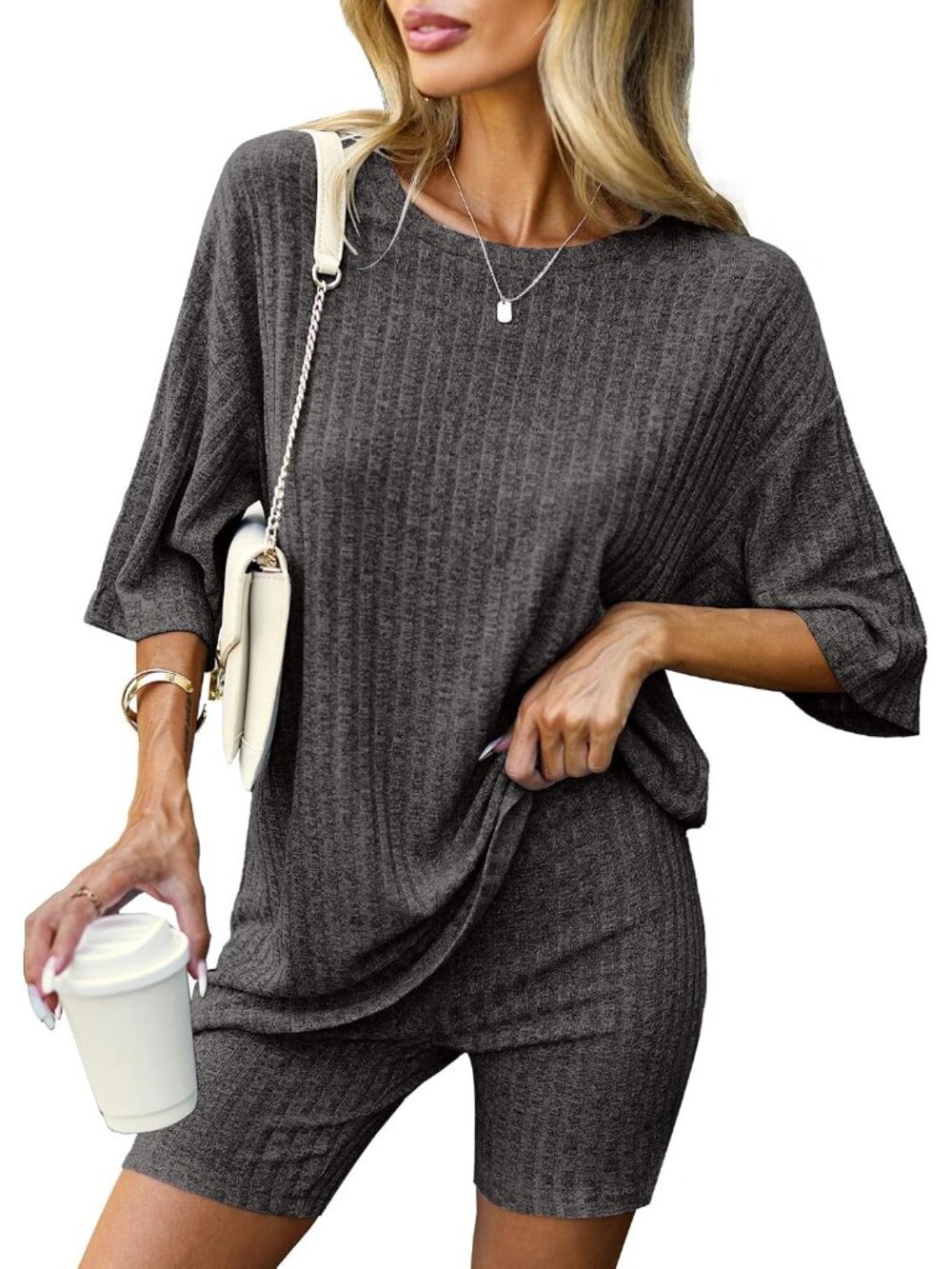 Women 2 Piece Lounge Sets Ribbed Knit Oversized Shirt Biker Shorts